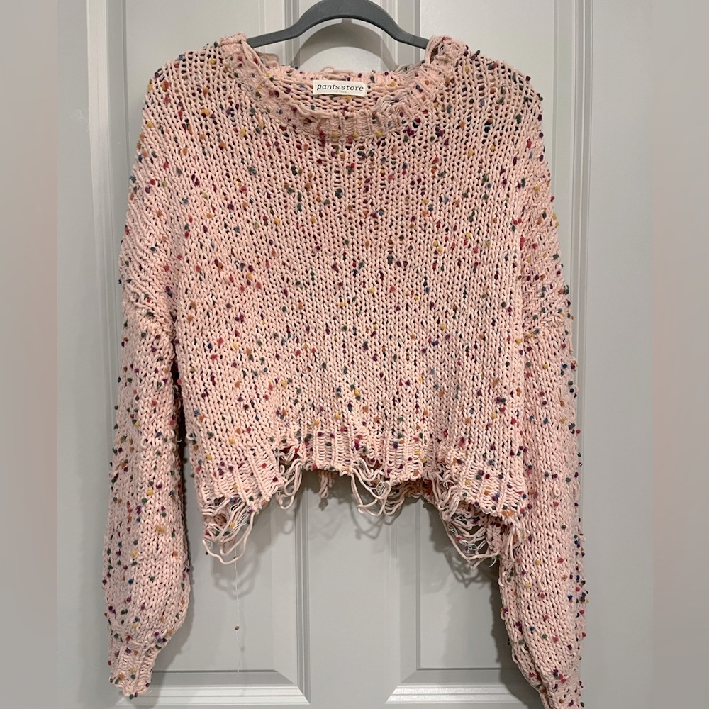PANTS STORE pink distressed long sleeve sweater